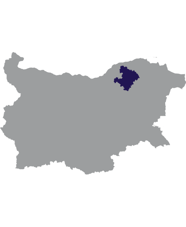 Landkaart Bulgarije grijs met oblast Razgrad donkerblauw op transparante achtergrond - 600 * 733 pixels